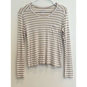 Me + Em Striped Long Sleeve Pocket Basic Tee Top Camel & White Cotton Women’s M
